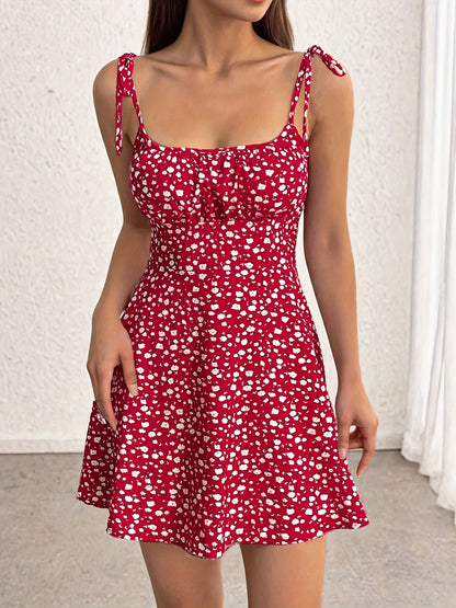 Elegant Floral Print Stretch Waist Cami Dress - Sleeveless Ruffled Hem Midi Dress for Women, Yellow & Pink Floral Pattern, Perfect for Casual Outings