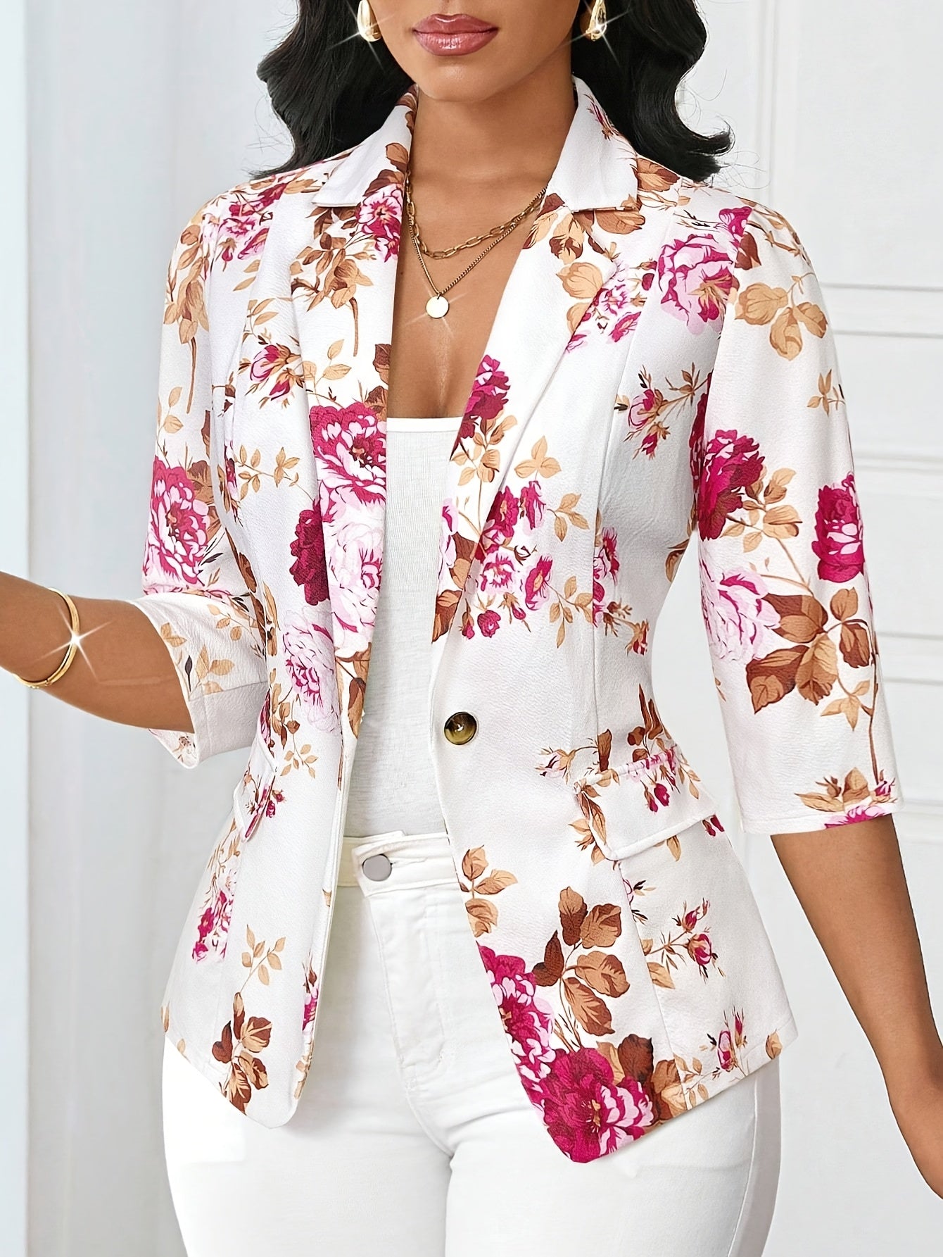 Women'S Floral Print Blazer - Elegant Office to Party Jacket, Structured Fit with Button Front Closure, Non-Stretch Fabric for Fall/Winter, Professional Women, Highquality Material, Work Attire, Fashion Lovers, Stylish Outerw