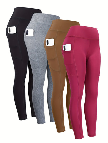 4pcs High Waist Yoga Leggings With Pocket For Women, Solid Color, Tight Fit, Women's Activewear