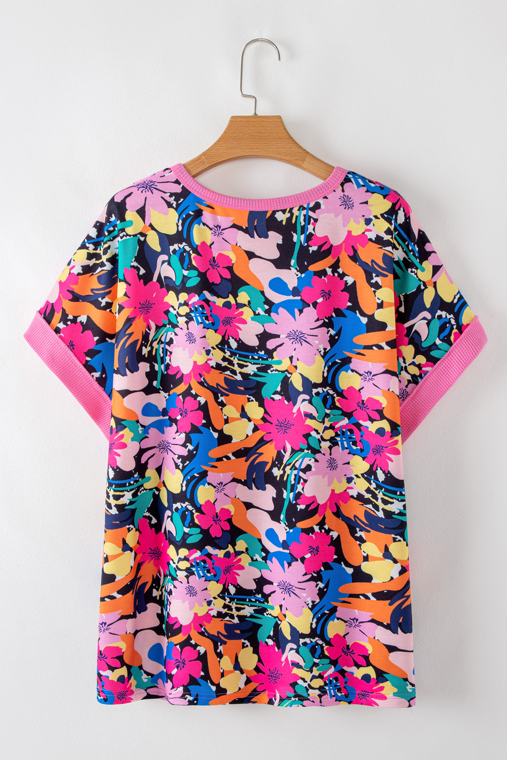 Rose Floral Short Sleeve Contrast Edge Plus Size Henley Top