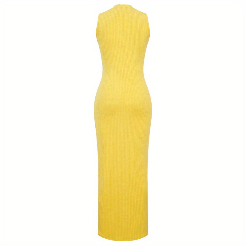Women's Summer 2023 Fashion Casual Knit Sleeveless Crew Neck Bodycon Pencil Dress, Polyester 95% Spandex 5%, Solid Color Long Length Skinny Fit