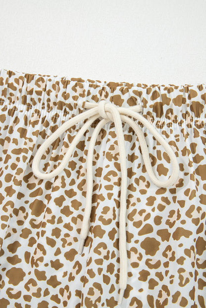 Khaki Leopard Drawstring Elastic Waistband Loose Pants