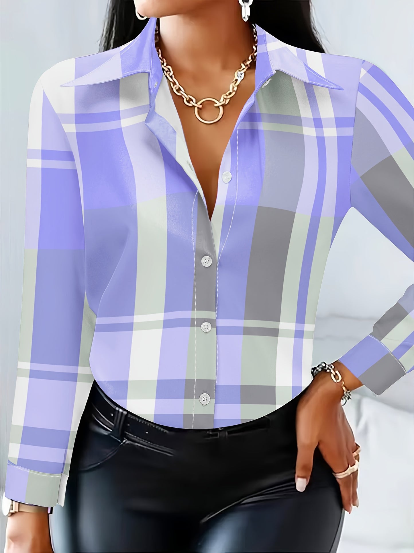 Women's Stylish Purple & White Plaid Long Sleeve Button-Up Shirt - Casual Polyester Blouse with Pointed Collar, Machine Washable, Perfect for Casual Attire
