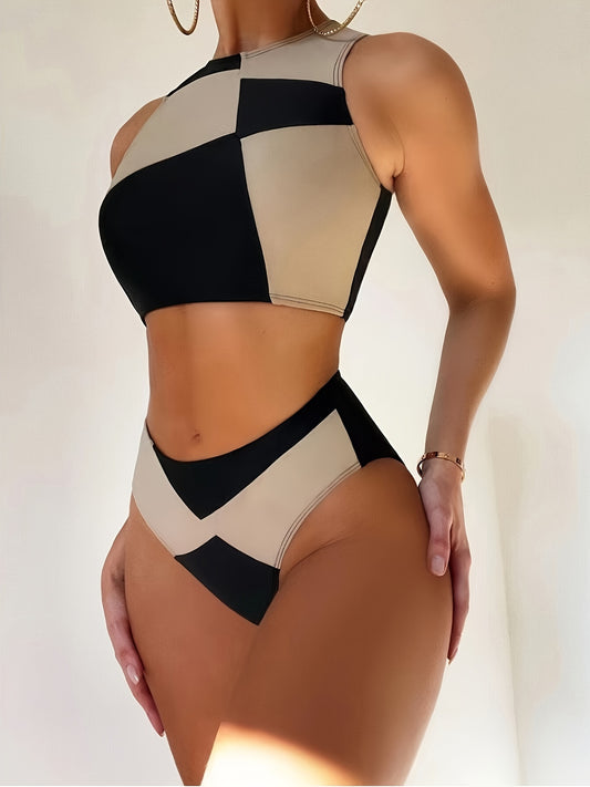 Contrast Color 2 Piece Set Tankini, Round Neck Sleeveless Crop Top & High Cut Bottom Swimsuits, Women's Swimwear & Clothing