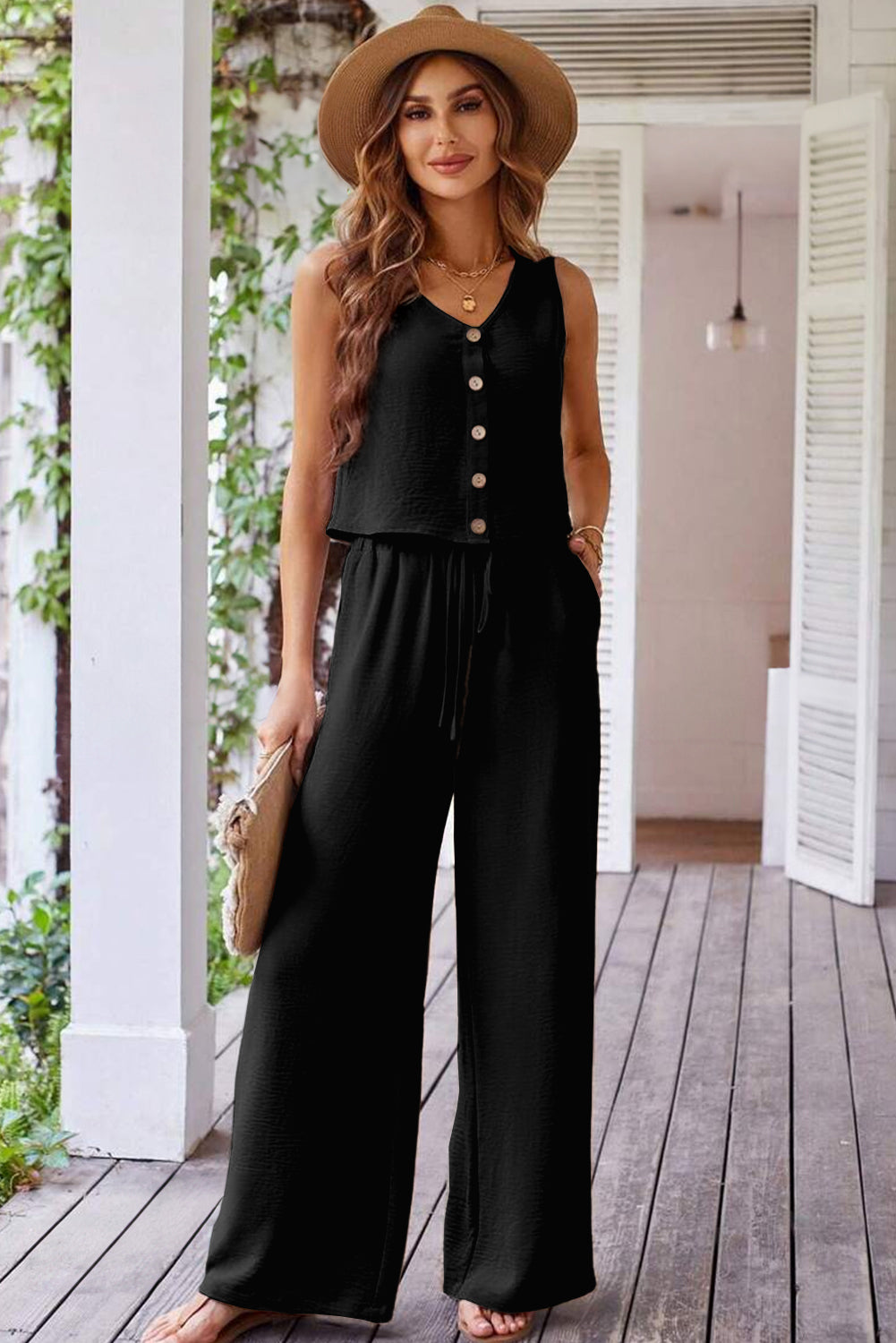 Black Buttoned Vest Drawstring Wide Leg Pants 2pcs Set