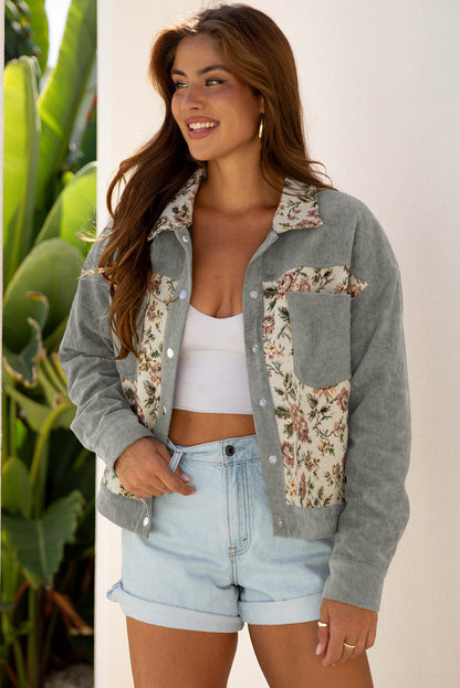 Medium Grey Ribbed Retro Floral Patchwork Shirt Style Jacket