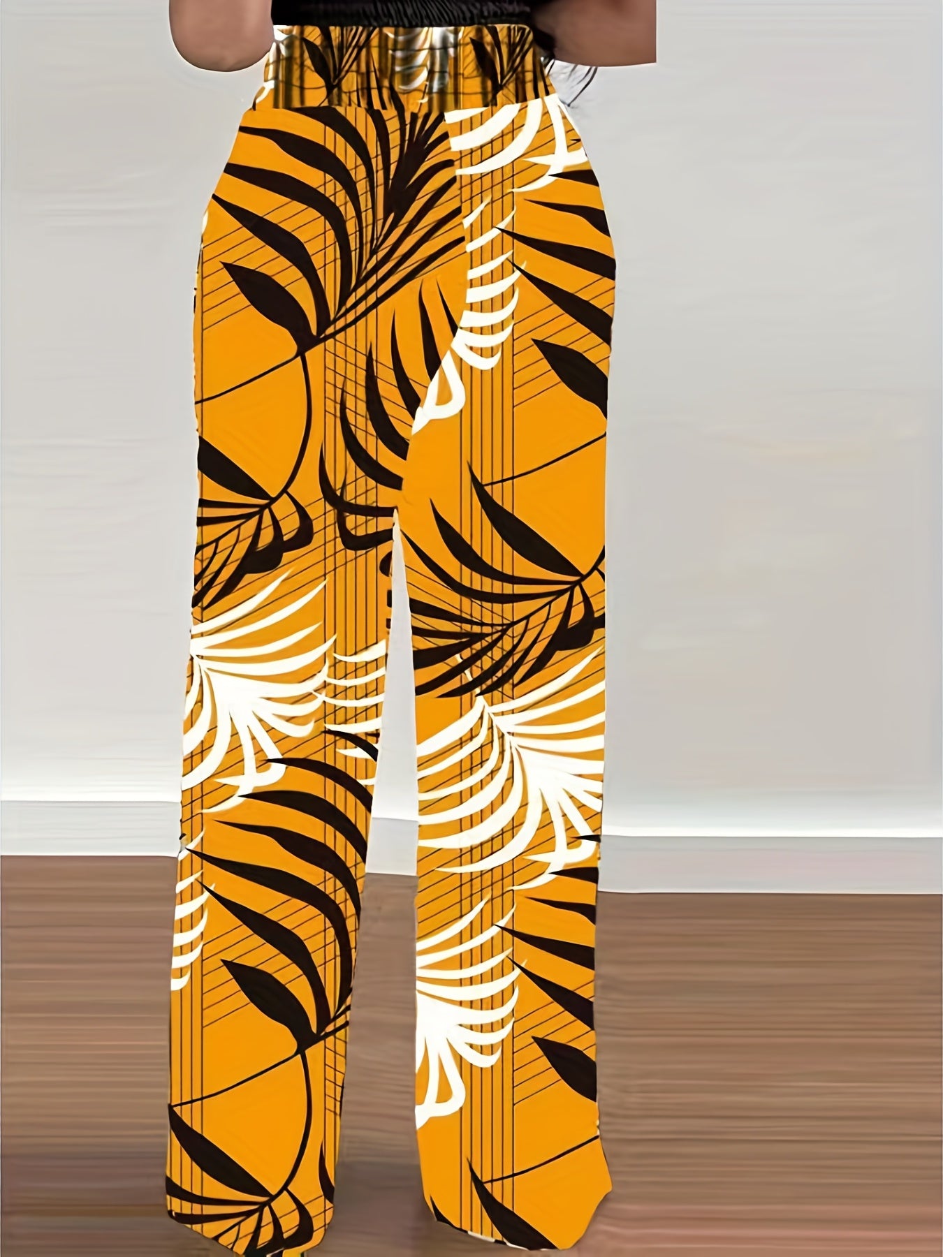 Plant Print Tie Waist Pants, Casual Wide Leg Long Length Pants, Women's Clothing
