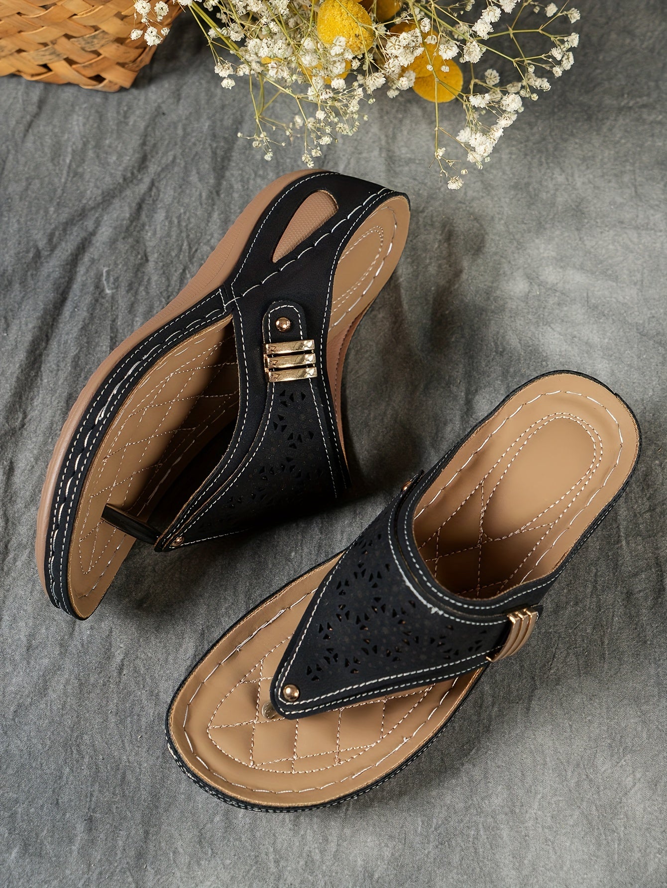 Stylish Cut-Out Thong Sandals - Soft Metallic Platform Wedge, Comfortable Beach Slides with Adjustable Straps, Vacation Essentials for Women