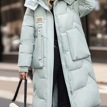 Women's Light Green Long Winter Coat - Warm Casual Padded Jacket with Zippered Pockets, Hood, and Adjustable Drawstrings for Holiday Style, Winter Clothes