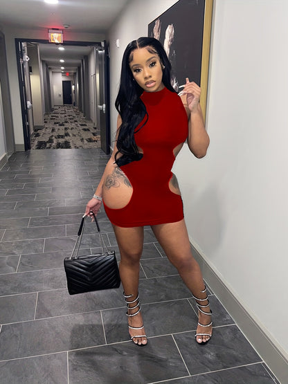 Women'S Sexy High Neck Cut-Out Mini Dress - Black Bodycon with Thigh-High Slit, Strappy Sandals & Clutch, Perfect for Summer Parties & Events, Party Attire | Sexy Bodycon Dress | Highneck Design