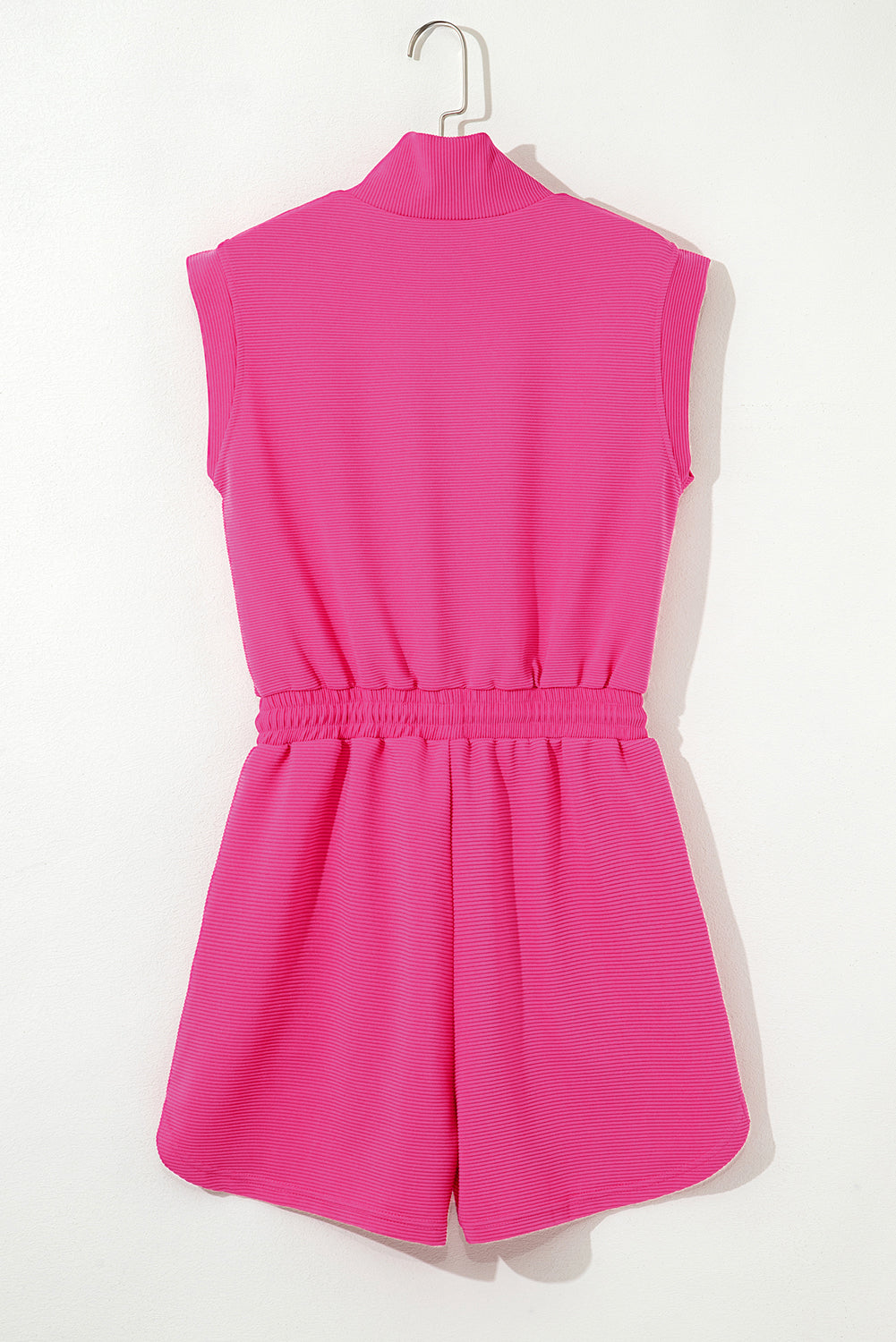 Rose Red Textured Short Sleeve Half Zip Drawstring Elastic Waistband Romper