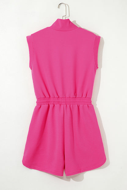 Rose Red Textured Short Sleeve Half Zip Drawstring Elastic Waistband Romper
