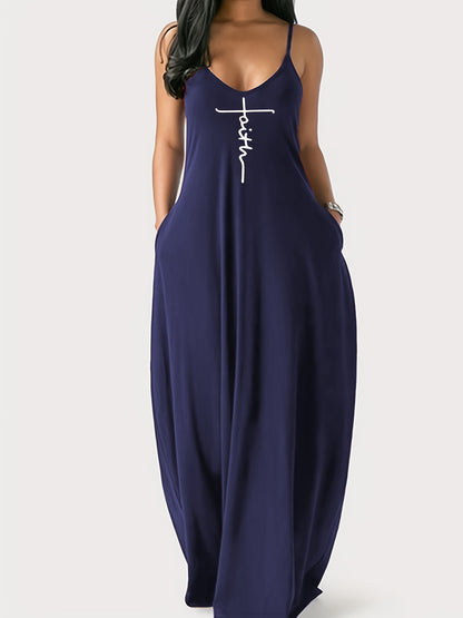Faith Print Backless Dress, Casual Spaghetti Strap V Neck Loose Dress, Women's Clothing