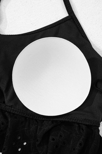 Black Eyelet Pattern Knotted Ruffle Trim 3pcs Bikini Set