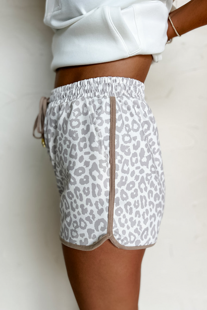 White Leopard Elastic Waistband Lace up Contrast Trim Casual Shorts