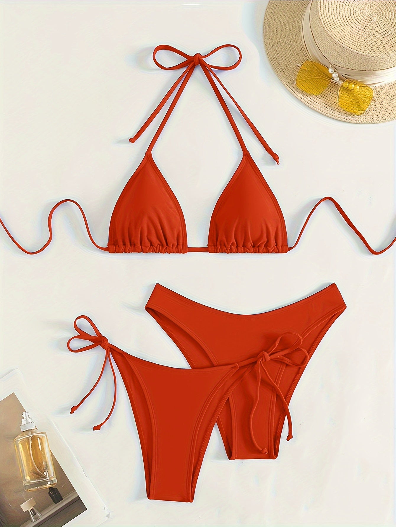 Solid Color 3 piece Set Bikini, Halter Neck Backless Swimsuits, Women's Swimwear & Clothing