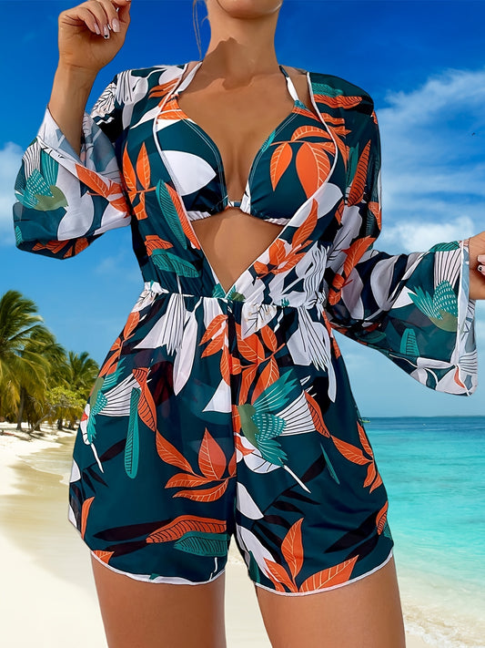 Women's Fashion Bikini Swimwear, Women's Sexy Printed Three-Piece Swimsuit With Cover-Up, Tropical Leaf Design