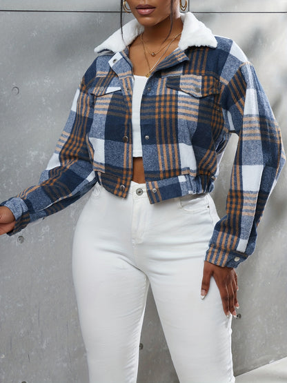 Button Plaid Faux Fur Collar Jacket, Casual Long Sleeve Crop Jacket For Fall & Winter, Women's Clothing