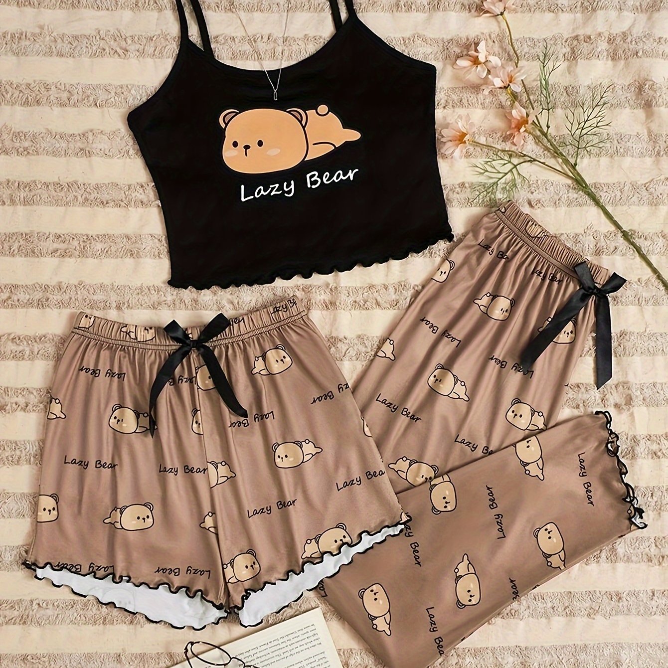 Adorable Bear & Letter Print Pajama Set - Soft, Relaxed Fit, Round Neck, Backless Crop Cami Top, Shorts & Pants, Comfortable Sleepwear for Women - Cute, Cozy, and Stylish Nightwear