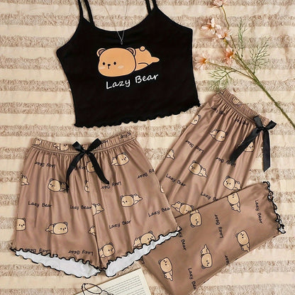 Adorable Bear & Letter Print Pajama Set - Soft, Relaxed Fit, Round Neck, Backless Crop Cami Top, Shorts & Pants, Comfortable Sleepwear for Women - Cute, Cozy, and Stylish Nightwear