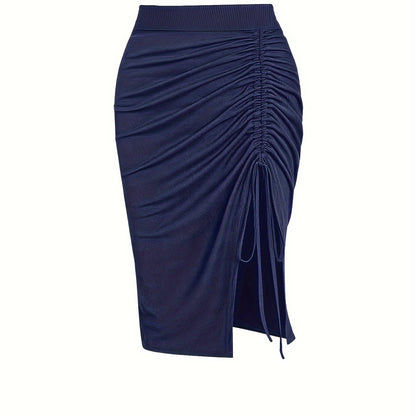 Solid Ruched Drawstring Split Skirt, Casual Bodycon Stretchy Skirt For Spring & Summer, Women's Clothing