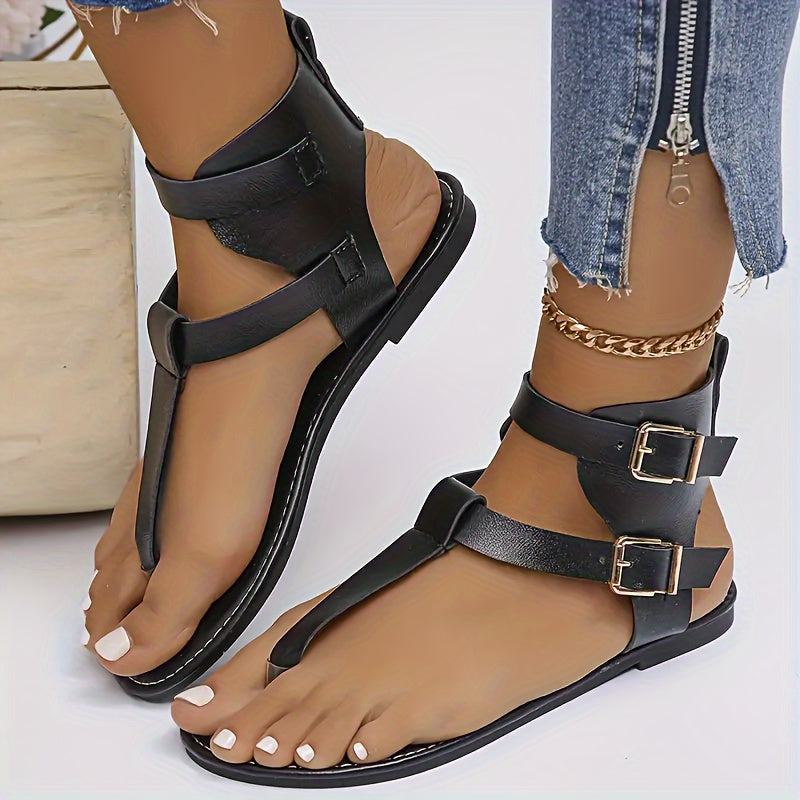 Women's Solid Color Thong Sandals, Buckle Belts Soft Sole Lightweight Casual Shoes, Non-slip Summer Beach Shoes