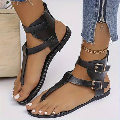 Women's Solid Color Thong Sandals, Buckle Belts Soft Sole Lightweight Casual Shoes, Non-slip Summer Beach Shoes