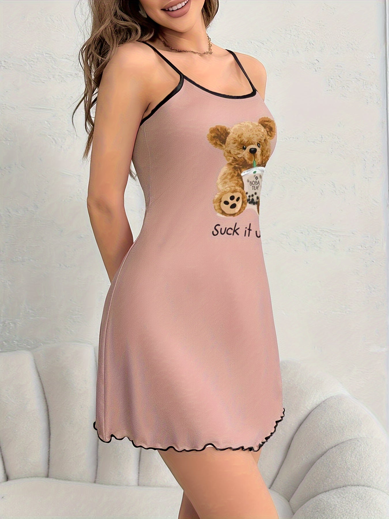 Adorable Bear Print Frilly Sleepwear Dress - Soft Round Neck, Backless Design, Comfortable Nightgown for Women - Cozy, Relaxed Fit, Sleep to Lounge Wear