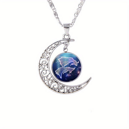 Twelve Zodiac Constellations Moon Phase Necklace - Timeless Gemstone Pendant with Adjustable Chain - Unique Personality Jewelry and Birthday Gift Idea for Women and Girls
