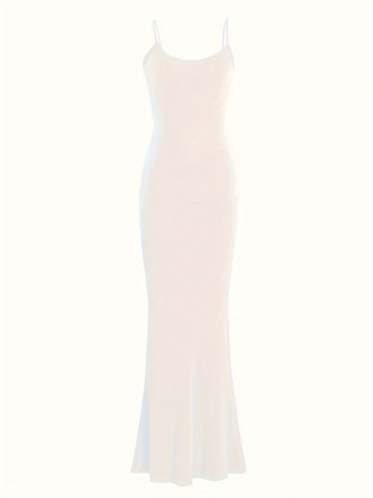 Elegant Solid Slip Lounge Dresses, Scoop Neck Bodycon Maxi Mermaid Dress, Women's Loungewear & Dresses