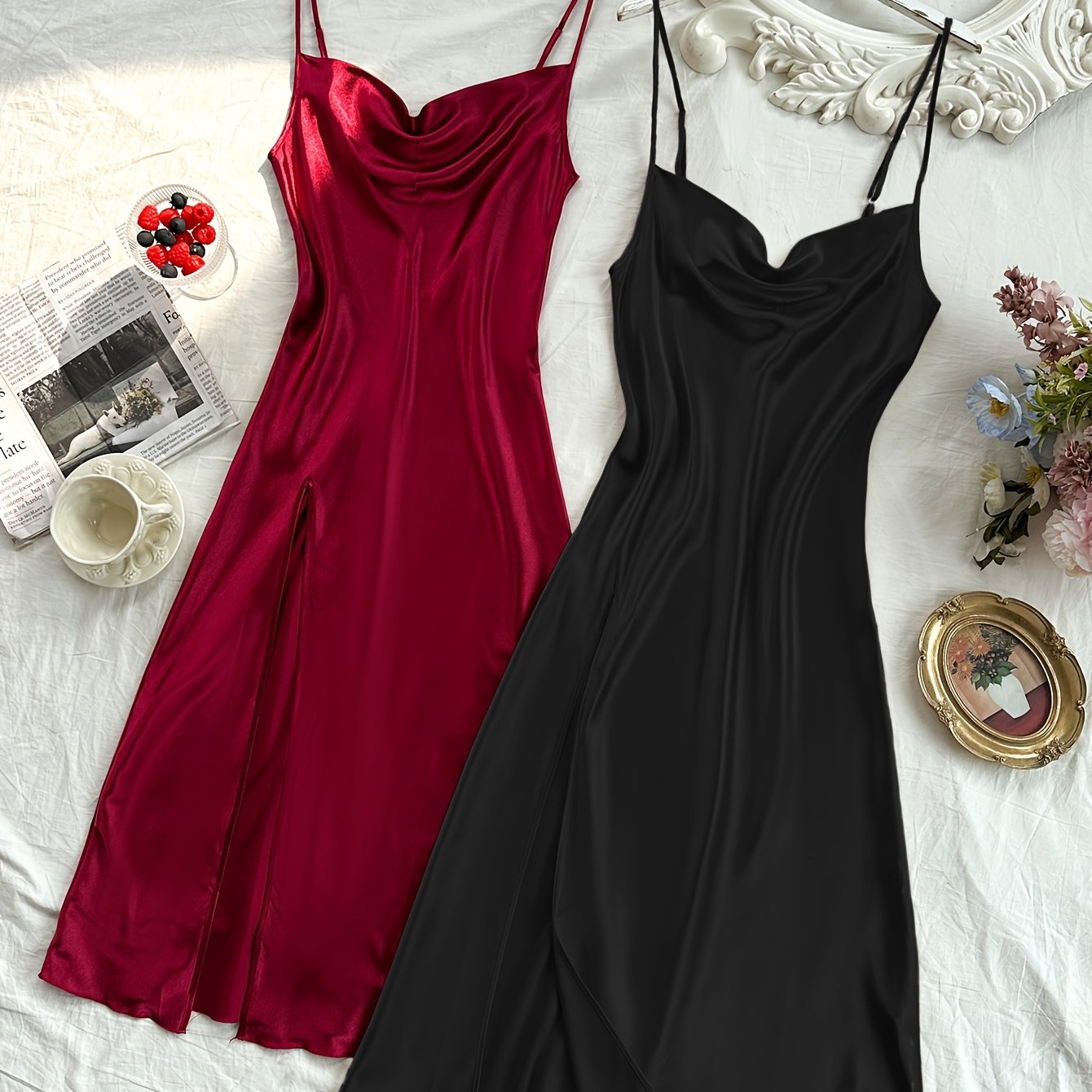 2 Pcs Women's Elegant Solid Satin Sleepwear Dress, Turtleneck Side Split Backless Midi Slip Dress, Comfortable Nightgown