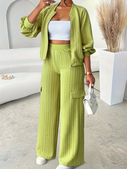 Women'S Casual Chic Two-Piece Set, Solid Color Long Sleeve Zippered Jacket and Straight-Leg Pants, Polyester 95% Elastane 5% Knit Fabric, Crew Neck, Fall/Winter Collection