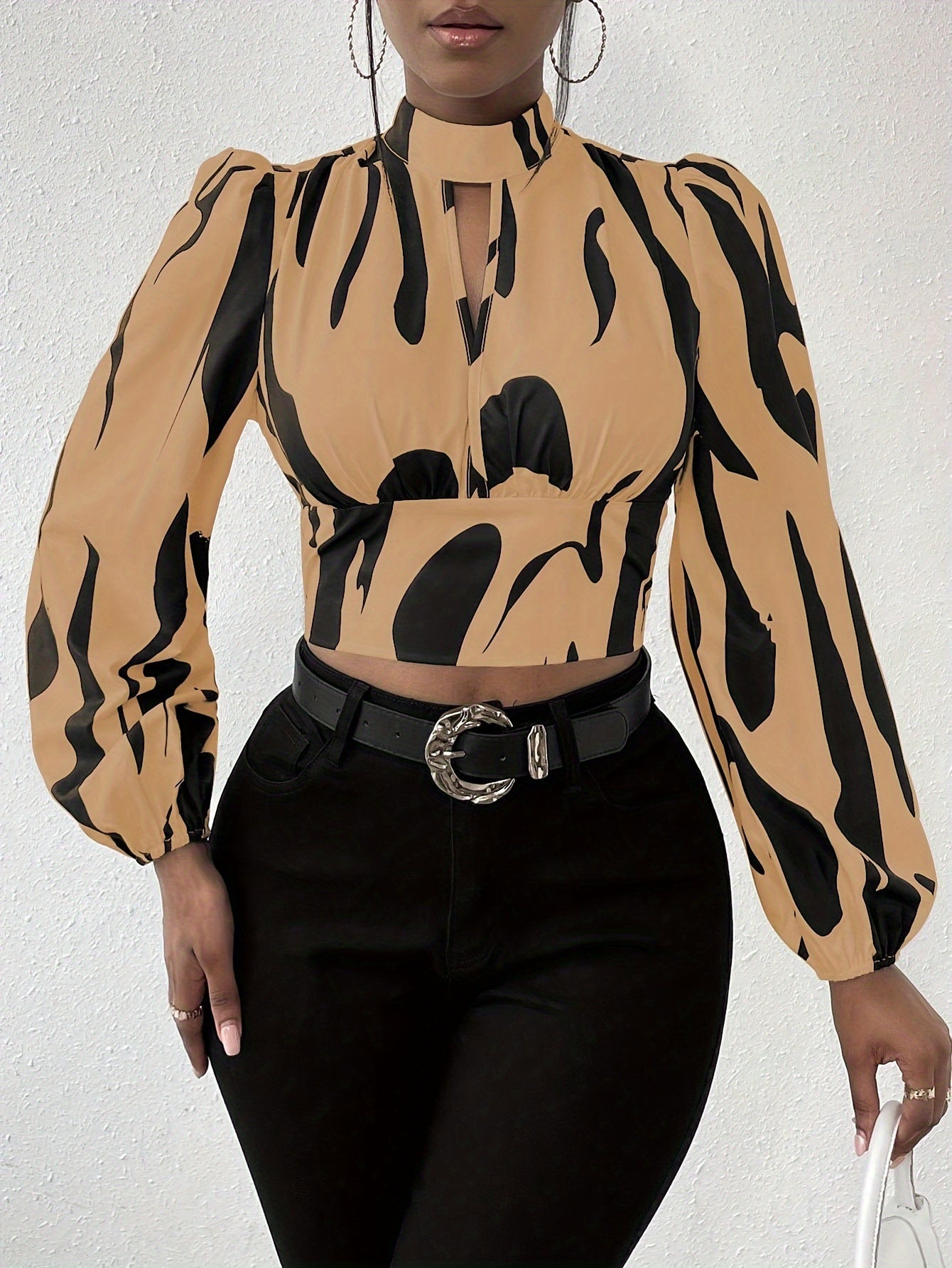 Graphic Print Mock Neck Crop Blouse, Elegant Long Sleeve Cut Out Shirred Blouse, Women's Clothing