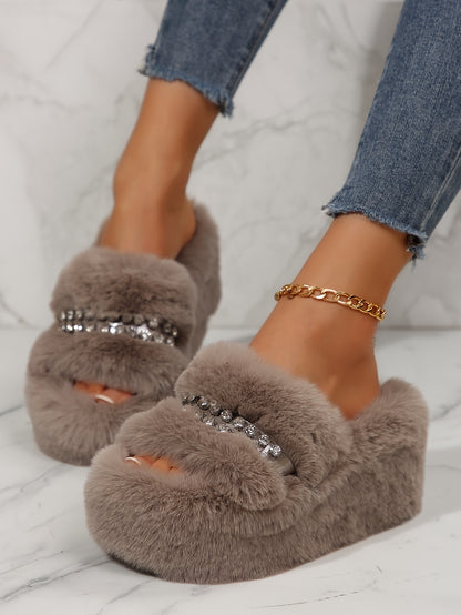 [Sparkling Rhinestone Slippers] Plush Faux Fur Sparkling Rhinestone-Decorated Slippers | Women's Slip-On with Thick Cushioned Rubber Sole & Sloped Heel | All-Season Indoor House Shoes for Warmth & Comfort (Black/Grey/White)