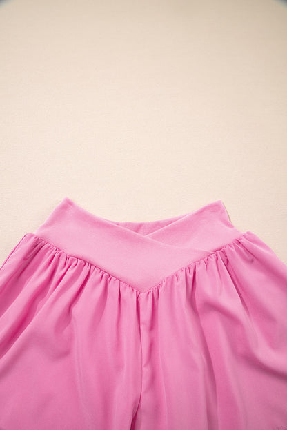 Bright Pink Crossed Waist Tiered Flowy Shorts