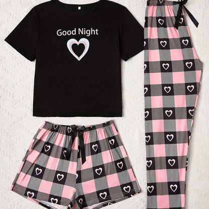 3pcs Women's Plaid Pajama Set - Comfortable Polyester Knit, Crew Neck, Short Sleeve Top with Cropped Pants and Shorts for All-Season Sleepwear
