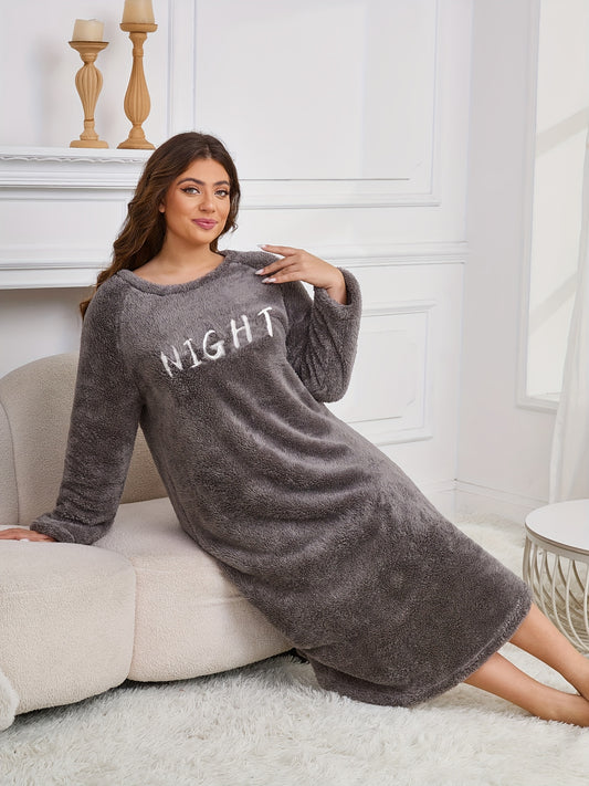 Plus Size Cozy Fleece Nightgown - Soft, Warm, Long Sleeve, Round Neck Sleep Dress with Embroidered Lettering for Winter Comfort - Perfect for Cold Weather, Relaxation, and Lounging