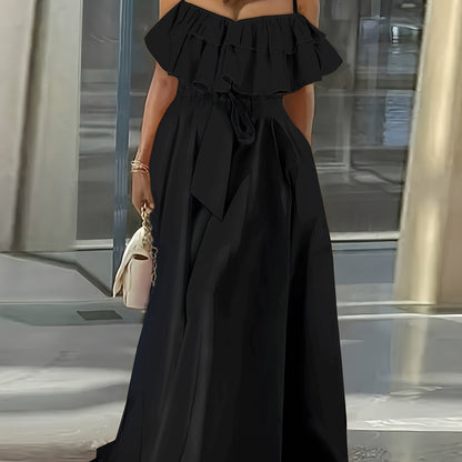 Vibrant Ruffle Trim Cami Dress - Sleeveless, Tie-Waist, Maxi Length, Flowy, Feminine, Summer Essential for Women - Perfect for Outdoor, Party, and Daily Wear