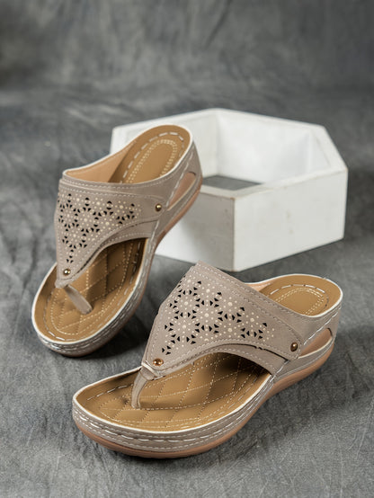 Stylish Cut-Out Thong Sandals - Soft Metallic Platform Wedge, Comfortable Beach Slides with Adjustable Straps, Vacation Essentials for Women