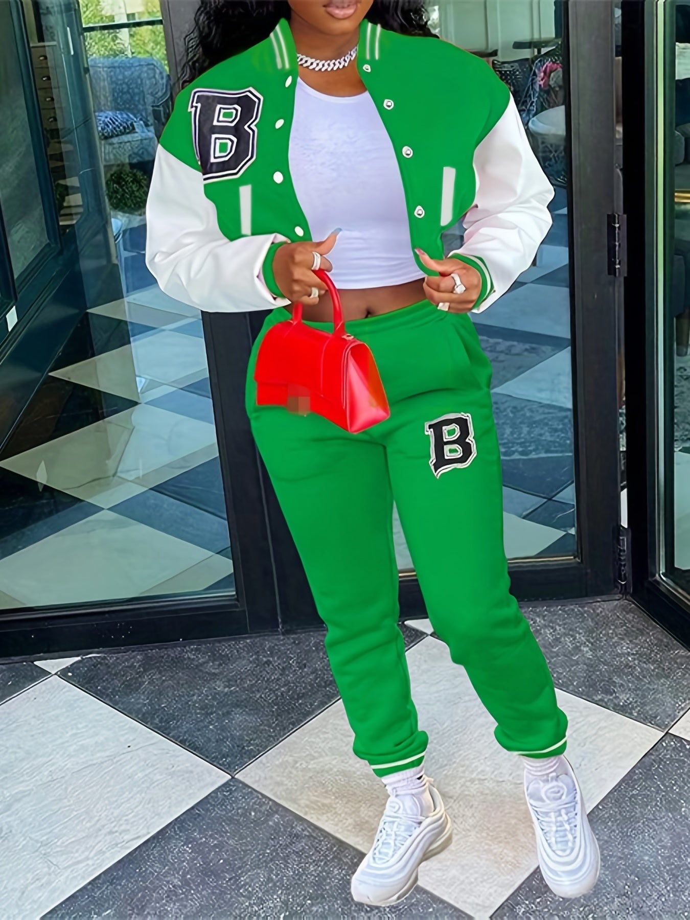 Trendy Letter Print Womens Two-Piece Set - Color Block Bomber Jacket with Slant Pockets & Chic Pants Outfit - Casual & Comfortable Clothing