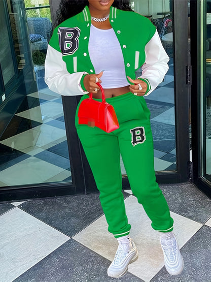 Trendy Letter Print Womens Two-Piece Set - Color Block Bomber Jacket with Slant Pockets & Chic Pants Outfit - Casual & Comfortable Clothing