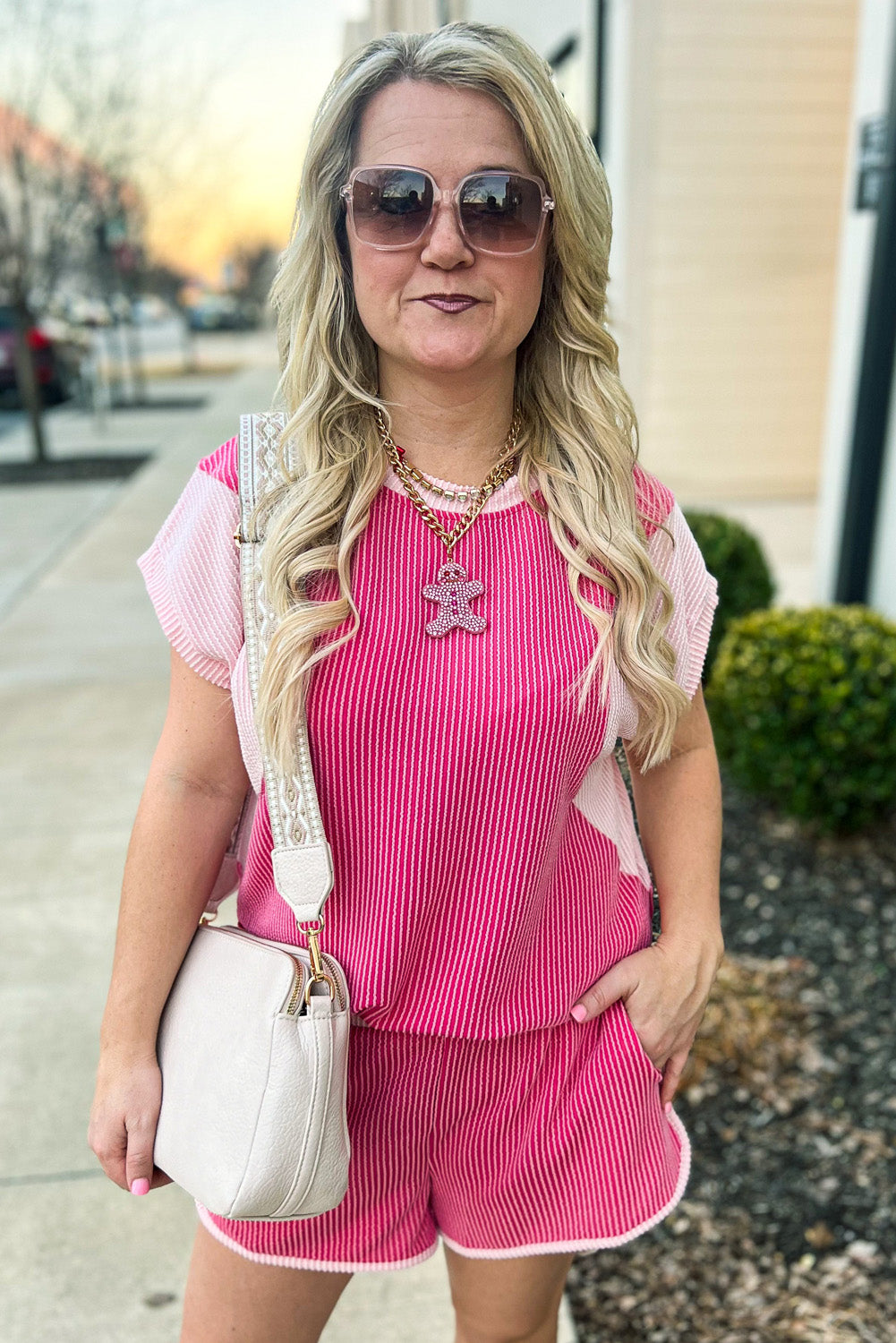 Rose Red 3D Spiral Ribbed Texture 2 Tones Patchwork Short Set