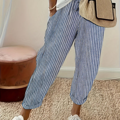 Striped Slant Pocket Drawstring Pants, Casual Pants For Spring & Summer, Women's Clothing