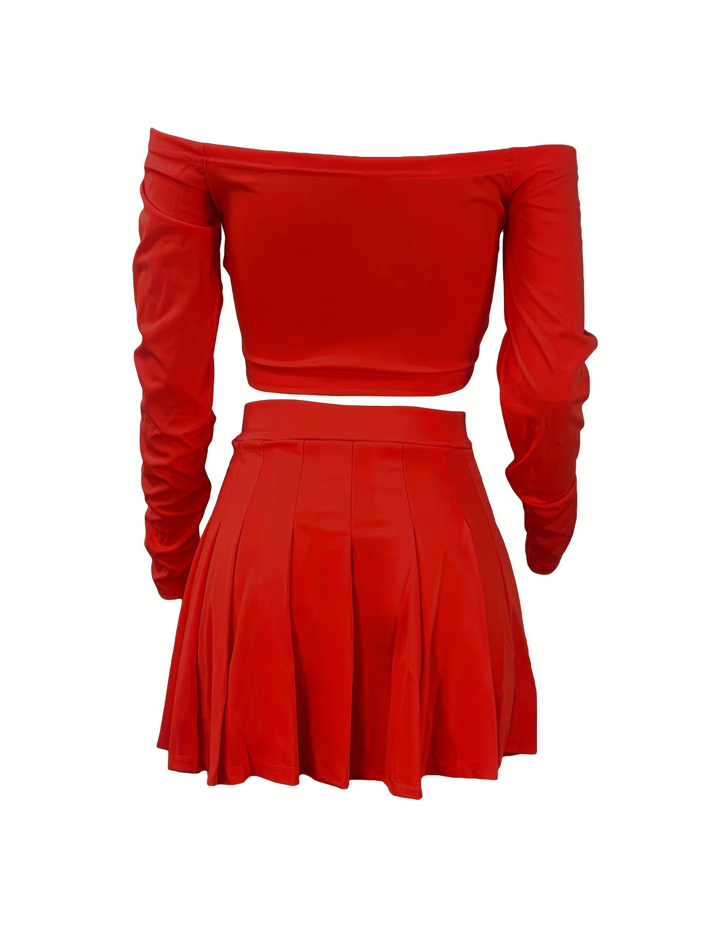 Solid Elegant Two-piece Set, Off Shoulder Long Sleeve Crop Top & Pleated Mini Skirt Outfits, Women's Clothing