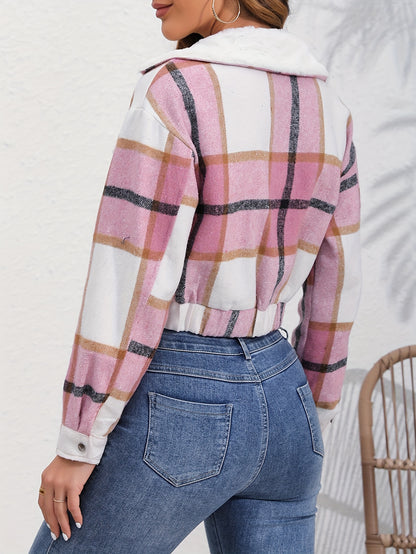 Button Plaid Faux Fur Collar Jacket, Casual Long Sleeve Crop Jacket For Fall & Winter, Women's Clothing