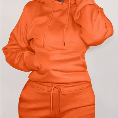 Solid Kangaroo Pocket Hoodie Without Pants, Casual Long Sleeve Drawstring Hoodies Sweatshirt, Women's Clothing