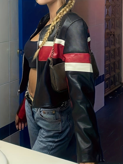 Faux Leather Zip Up Moto Jacket, Vintage Long Sleeve Jacket For Spring & Fall, Women's Clothing