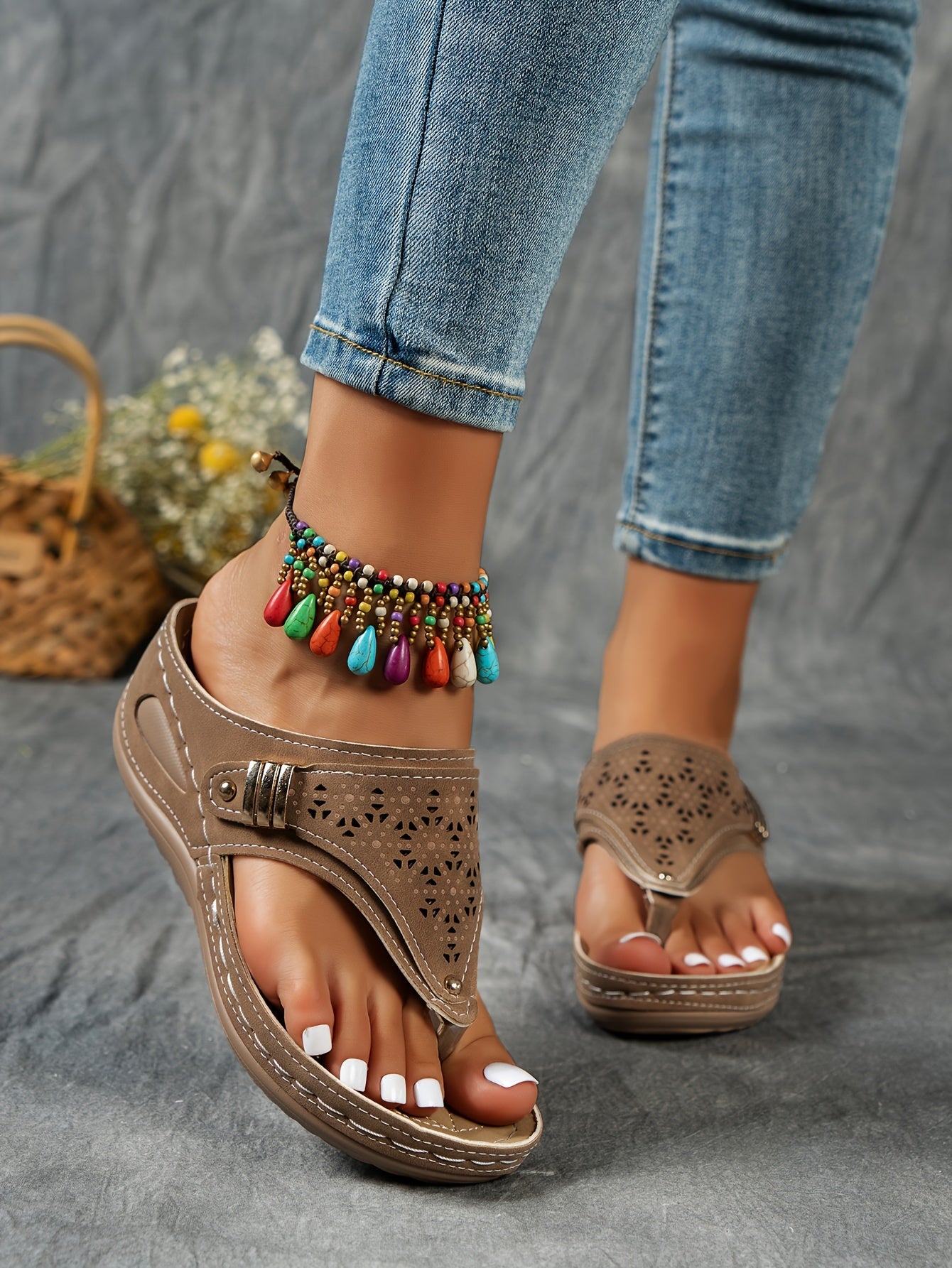 Stylish Cut-Out Thong Sandals - Soft Metallic Platform Wedge, Comfortable Beach Slides with Adjustable Straps, Vacation Essentials for Women