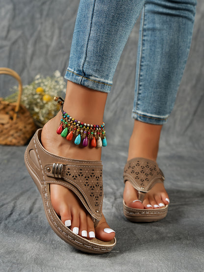 Stylish Cut-Out Thong Sandals - Soft Metallic Platform Wedge, Comfortable Beach Slides with Adjustable Straps, Vacation Essentials for Women