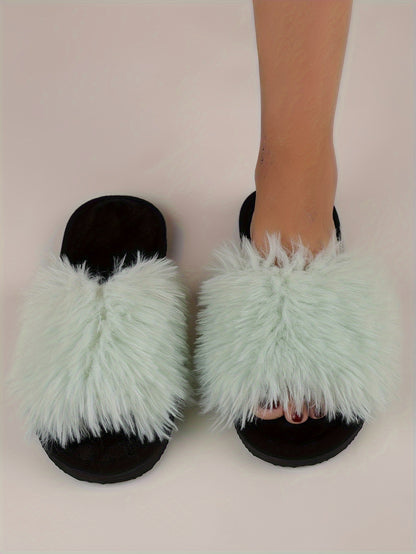 Elegant Women's Faux Fur Slippers - Winter Plush Open Toe Slip-On House Slippers with EVA Sole - Solid Color Fluffy Indoor Cotton Slides - Cixi Production Area